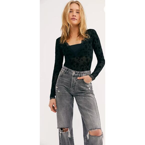 Free People S black mesh velvet burnout Bodysuit - Picture 1 of 6